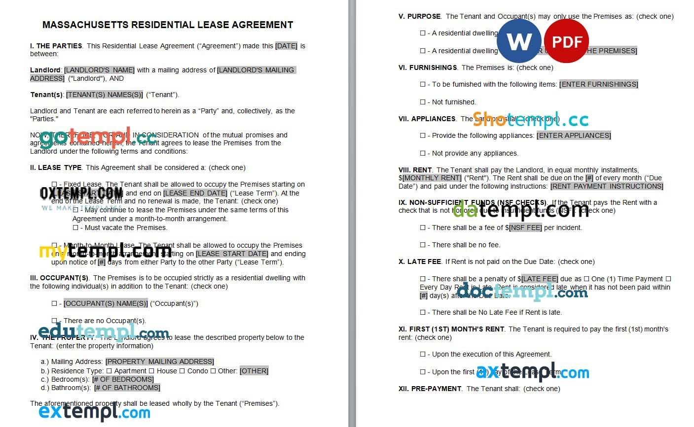 Massachusetts Standard Residential Lease Agreement Word example
