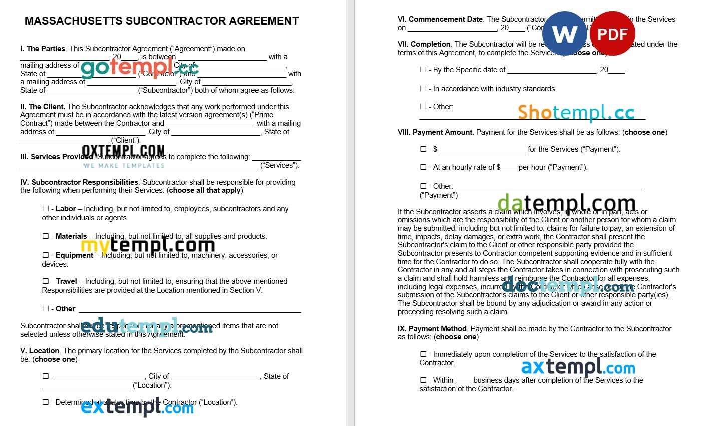 Massachusetts Subcontractor Agreement Word example