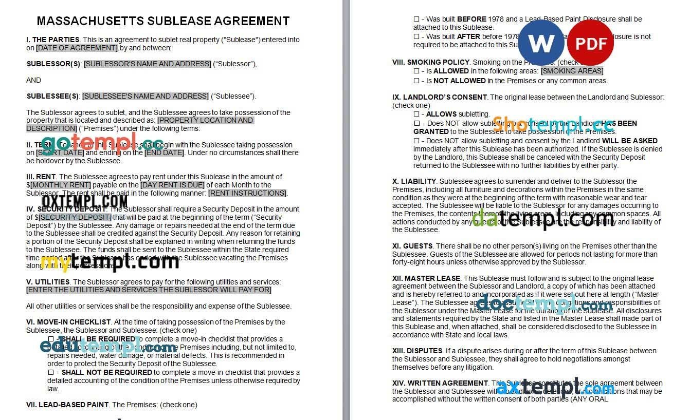 Massachusetts Sublease Agreement Word example