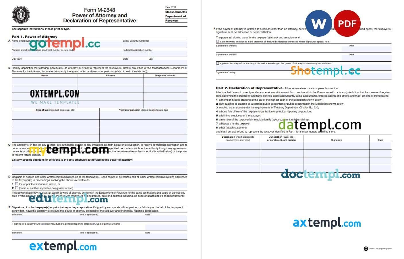 Massachusetts Tax Power of Attorney Form example, fully editable