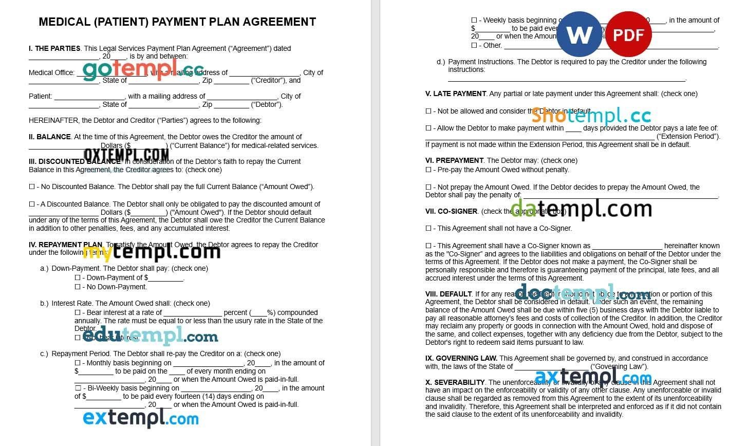 Medical Patient Payment Plan Agreement Word example, fully editable