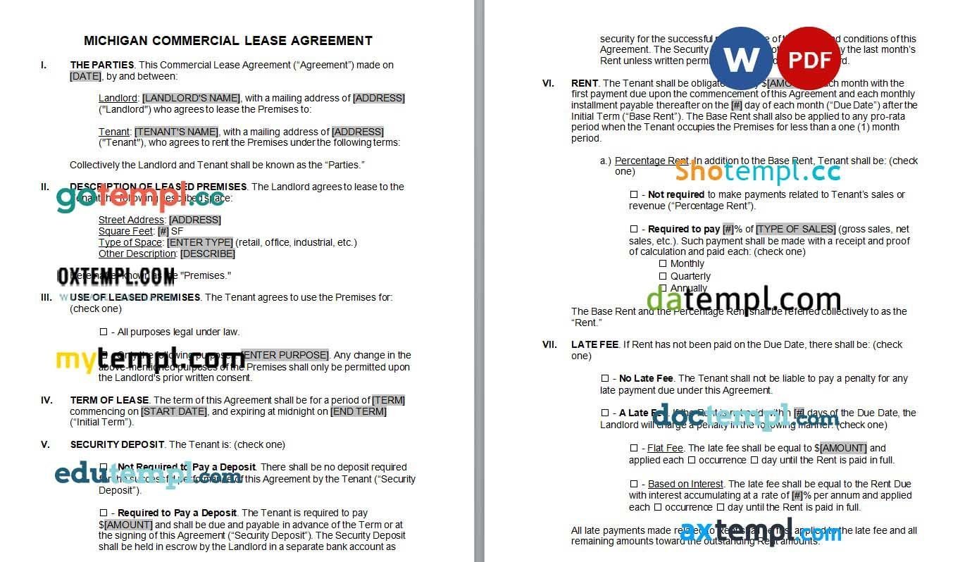 Michigan Commercial Lease Agreement Word example, completely editable
