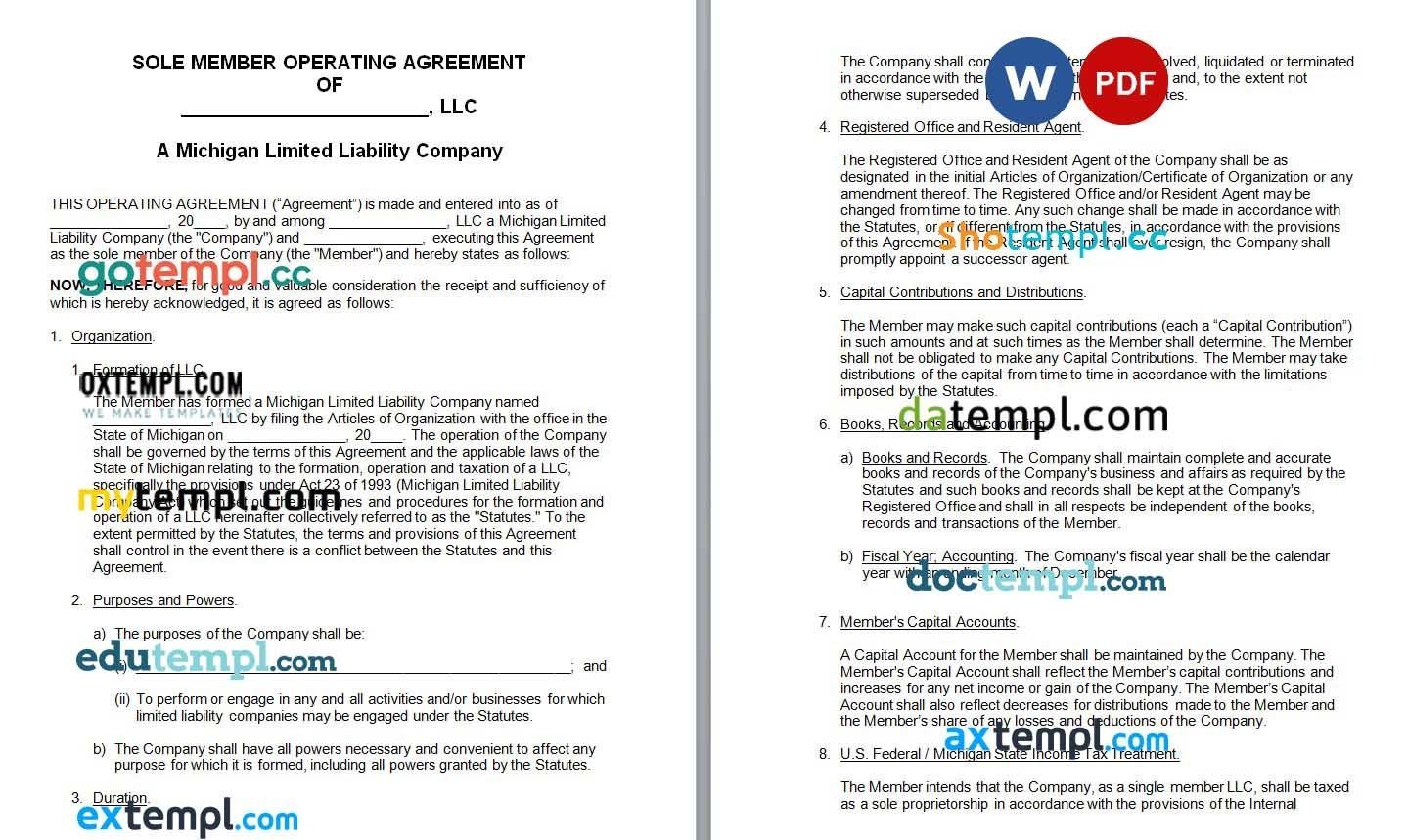 Michigan Single-Member LLC Operating Agreement Word example, completely editable