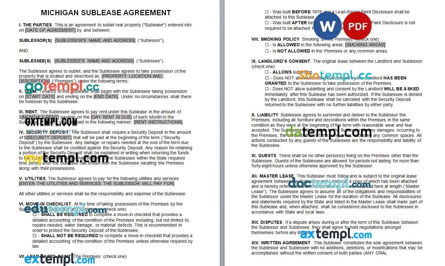 Michigan Sublease Agreement Word example, fully editable