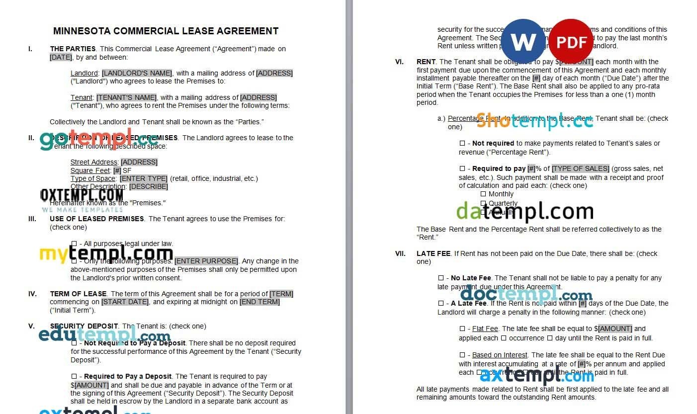Minnesota Commercial Lease Agreement word example, fully editable