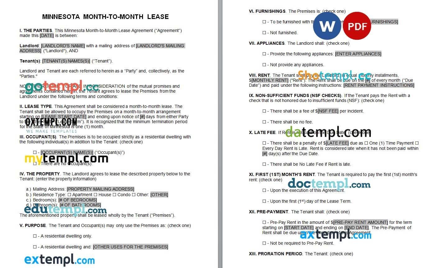 Minnesota Month to Month Rental Agreement Word example, fully editable