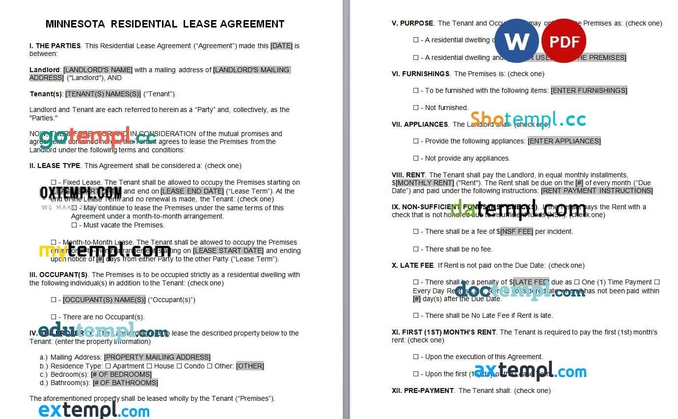 Minnesota Residential Lease Agreement Word example, fully editable