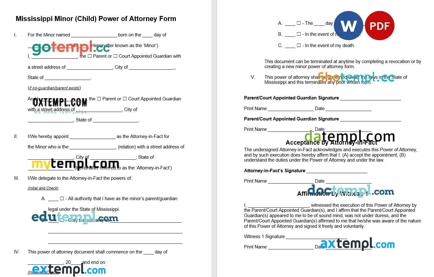 Mississippi Minor Child Parental Power of Attorney example, fully editable