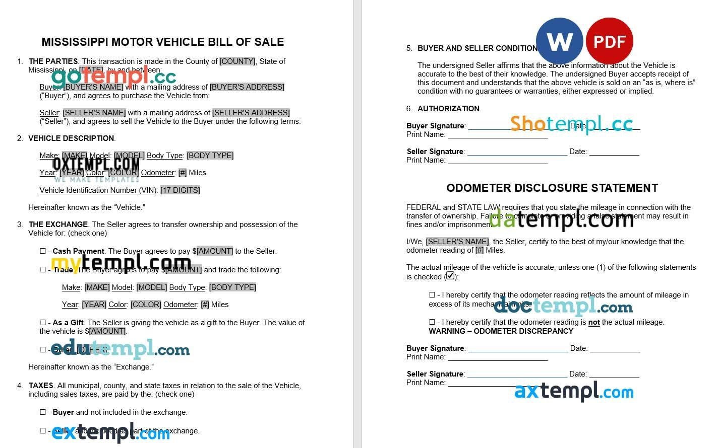 Mississippi Motor Vehicle Bill of Sale example, fully editabl