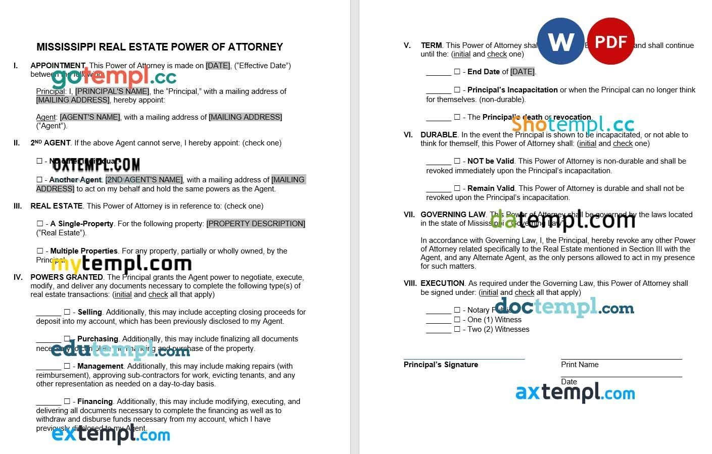 Mississippi Real Estate Power of Attorney Form example, fully editable
