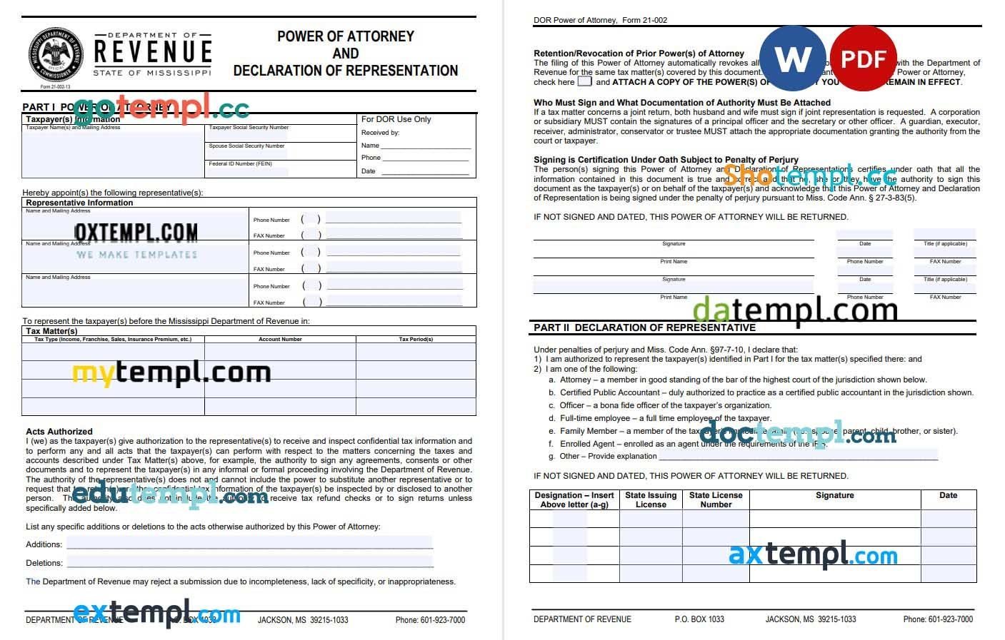 Mississippi Tax Power of Attorney Form example, fully editable