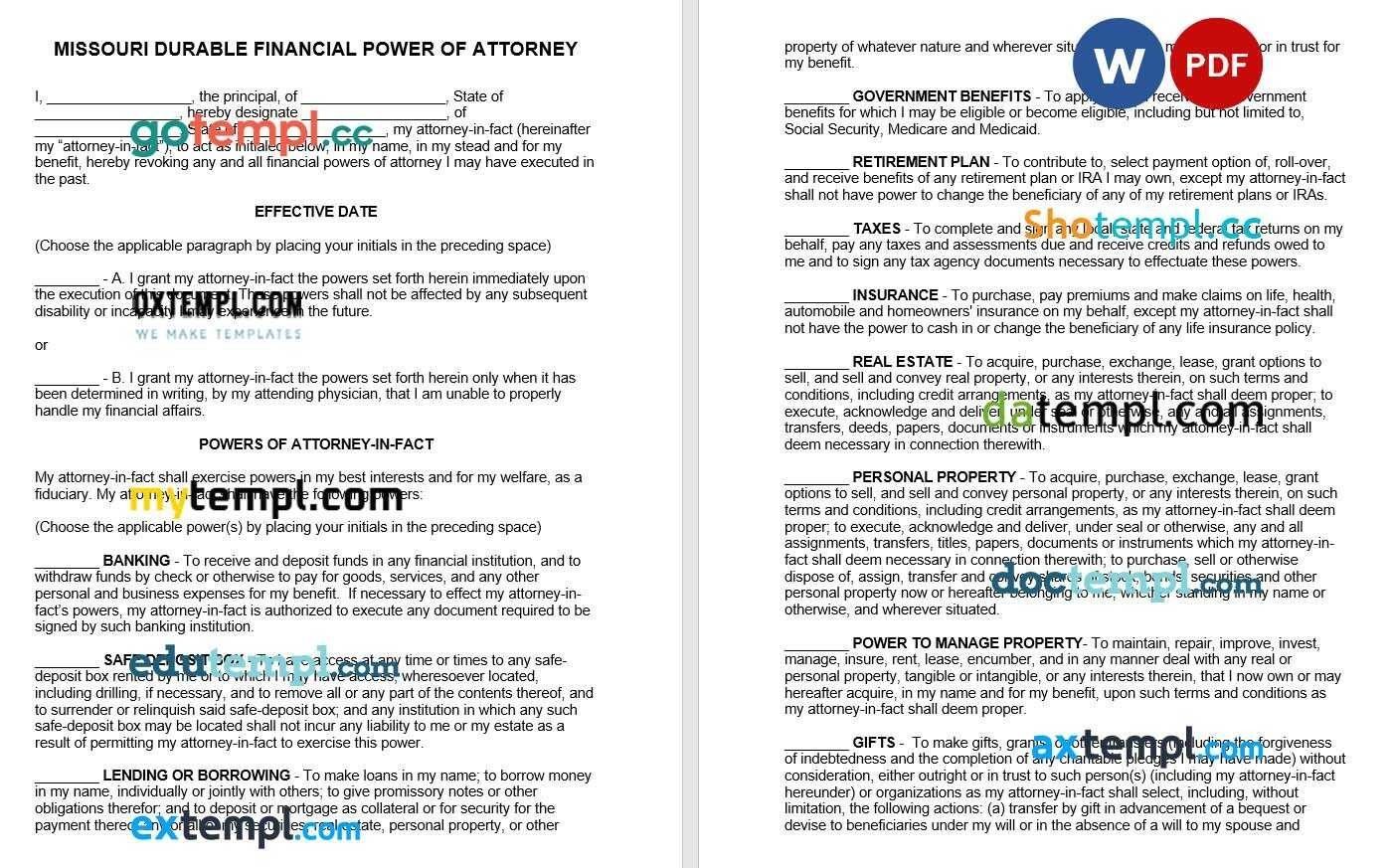 Missouri Durable Financial Power of Attorney Form example, fully editable