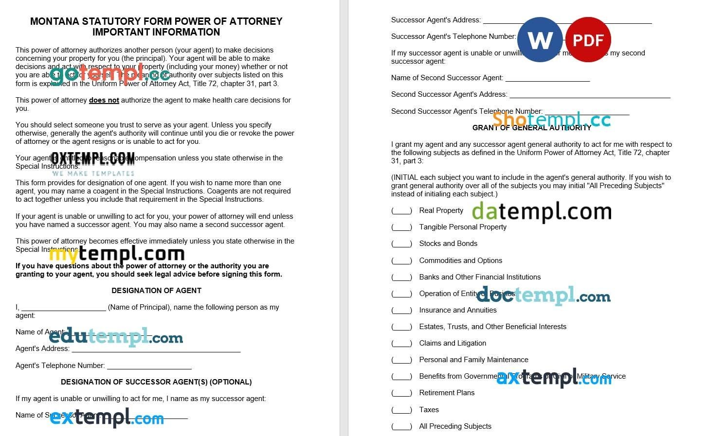 Montana Durable Statutory Power of Attorney Form example, fully editable