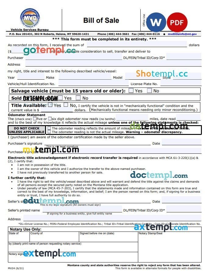 Montana Motor Vehicle Bill of Sale Form example, fully editable