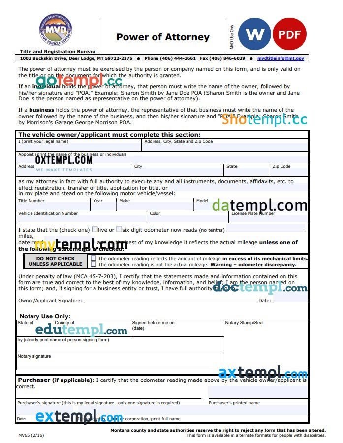 Montana Motor Vehicle Power of Attorney Form example, fully editable