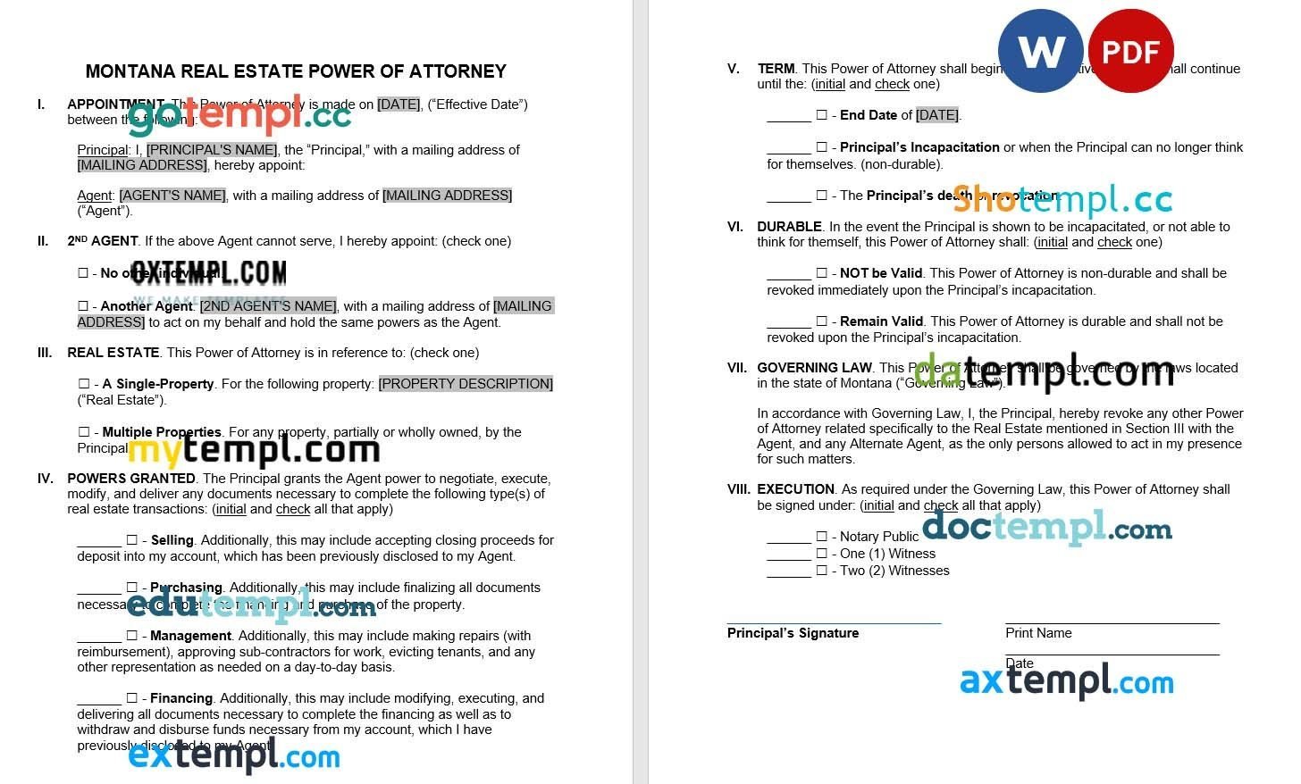 Montana Real Estate Power of Attorney Form example, fully editable
