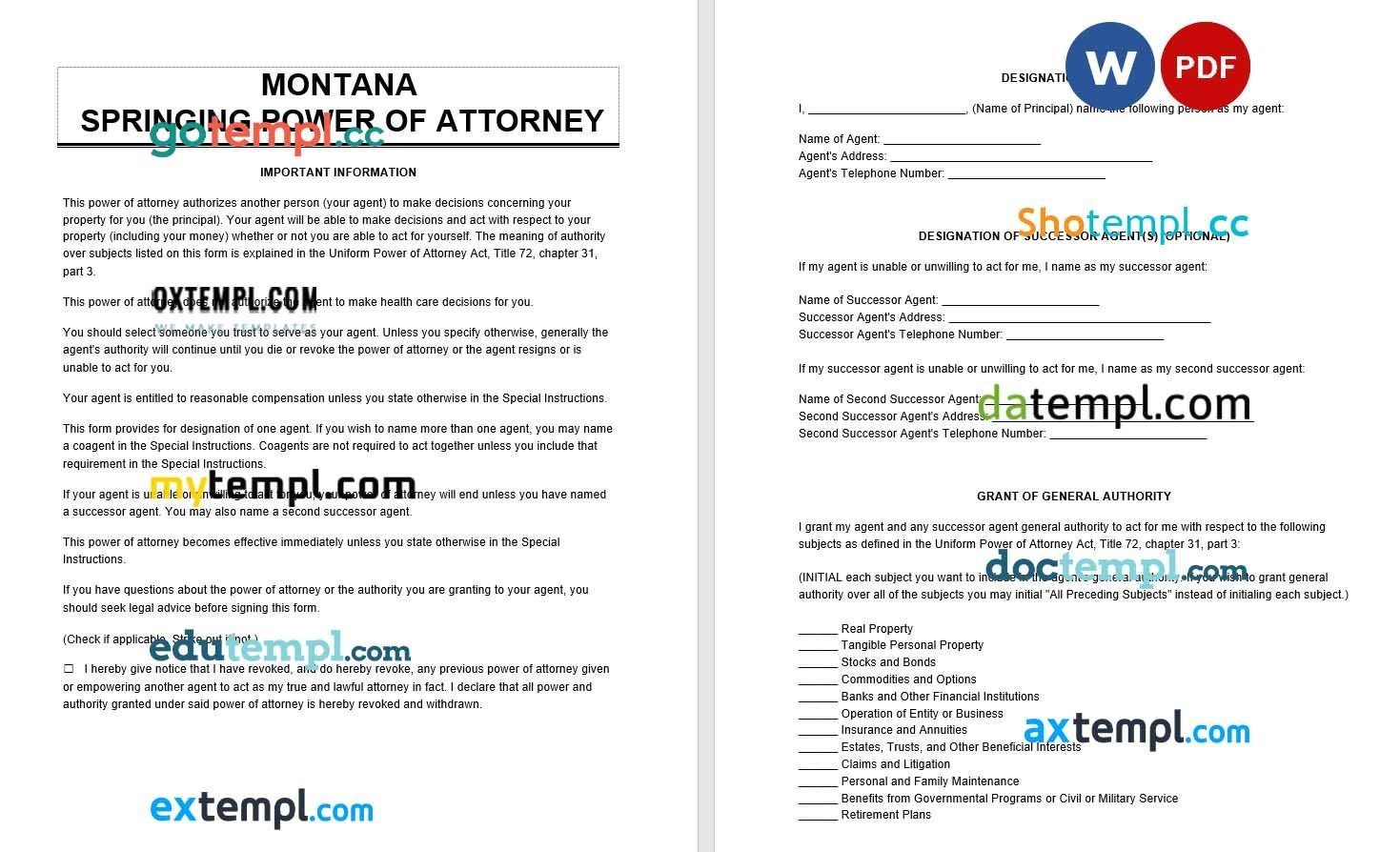 Montana Springing Power of Attorney example, fully editable
