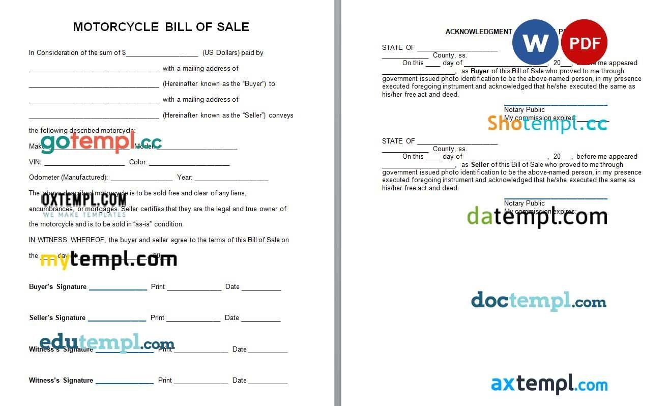 Motorcycle Bill of Sale Word example, fully editable