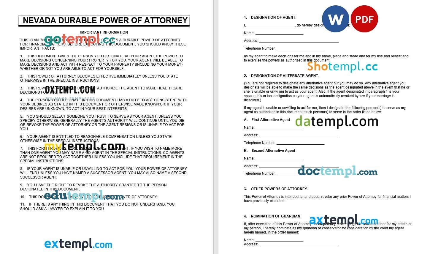 Nevada Durable Power of Attorney example, fully editable