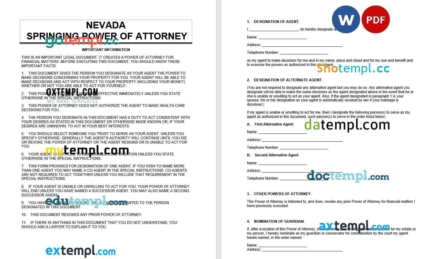 Nevada Springing Power of Attorney example, fully editable