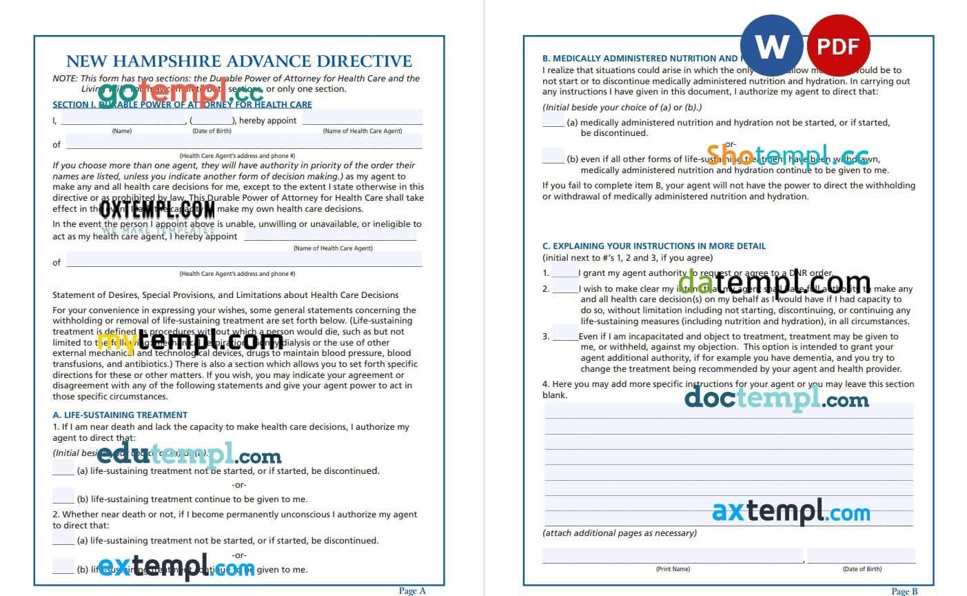 New Hampshire Advance Directice Form example, fully editable
