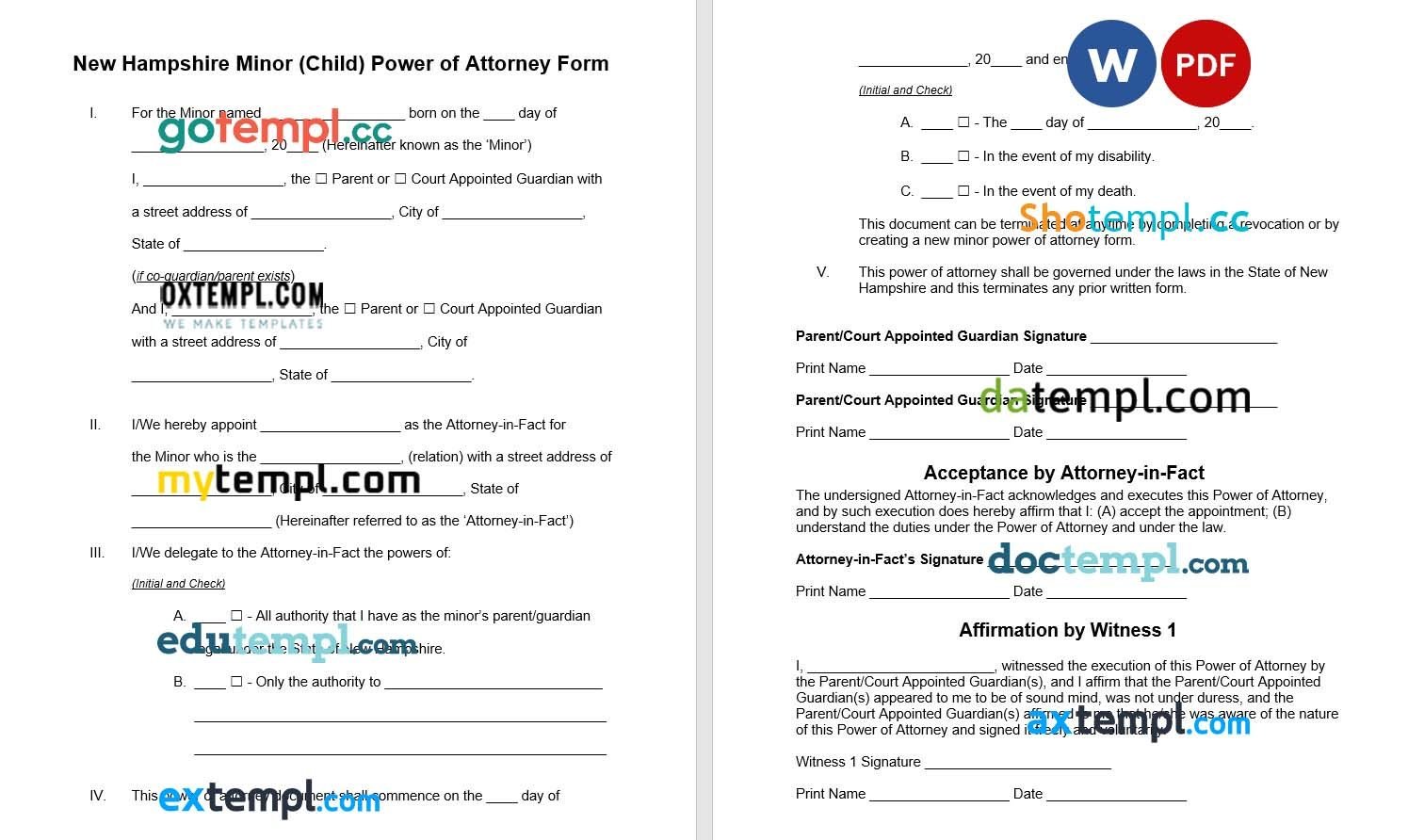 New Hampshire Minor Child Parental Power of Attorney example, fully editable