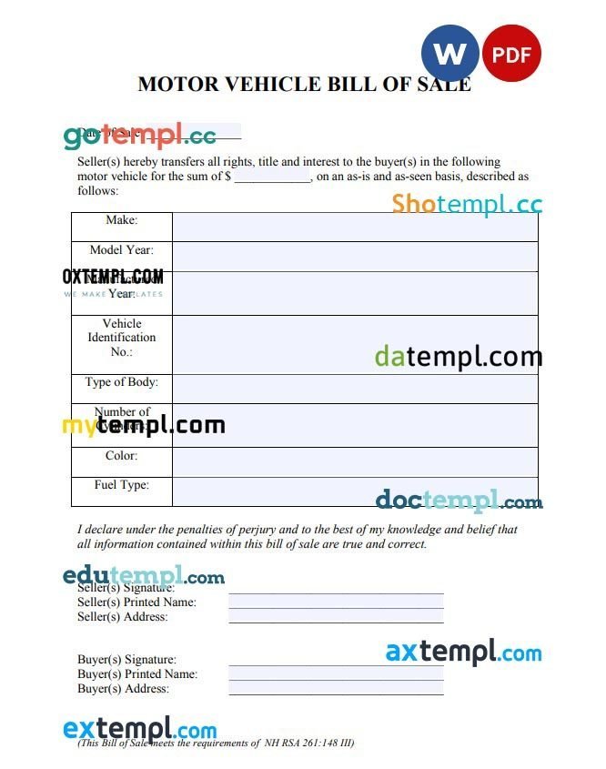 New Hampshire Vehicle Bill of Sale example, fully editable
