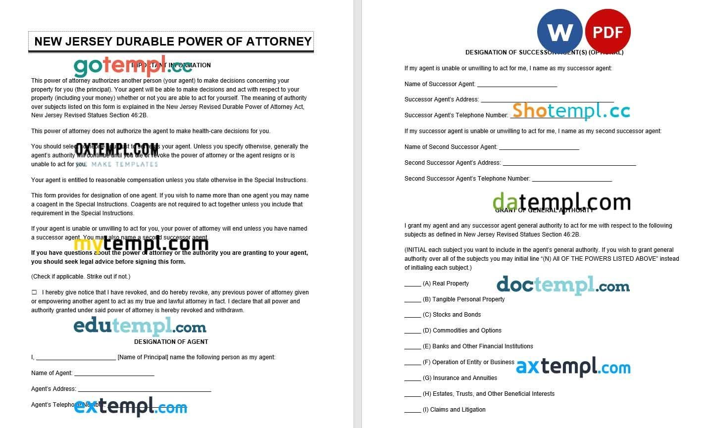 New Jersey Durable Power of Attorney example, fully editable