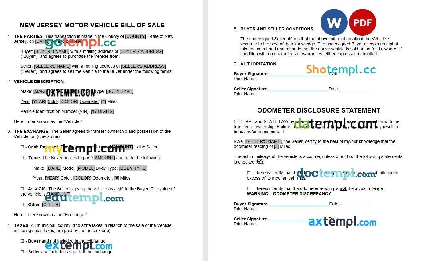 New Jersey Motor Vehicle Bill of Sale example, fully editable