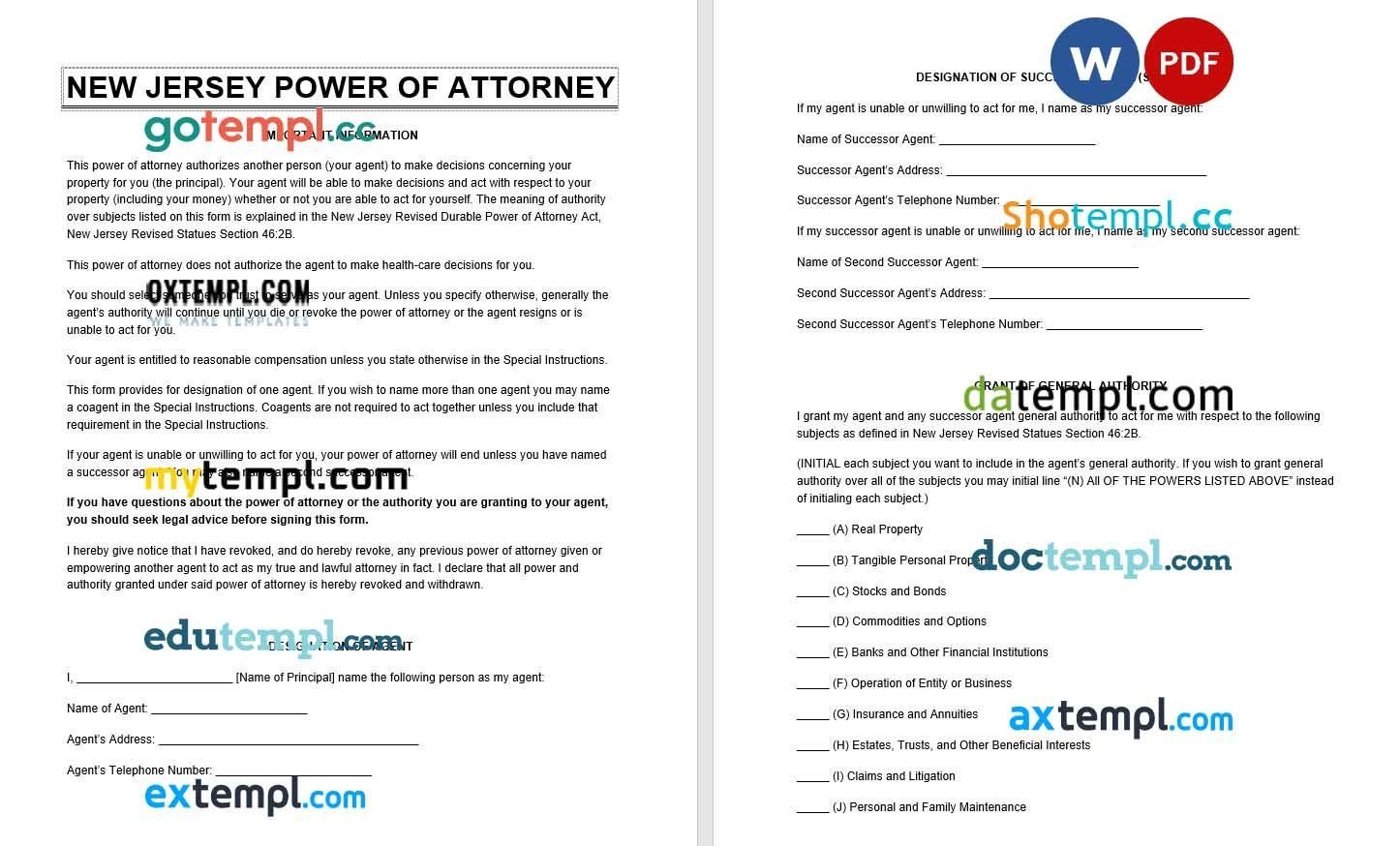 New Jersey Power of Attorney example, fully editable
