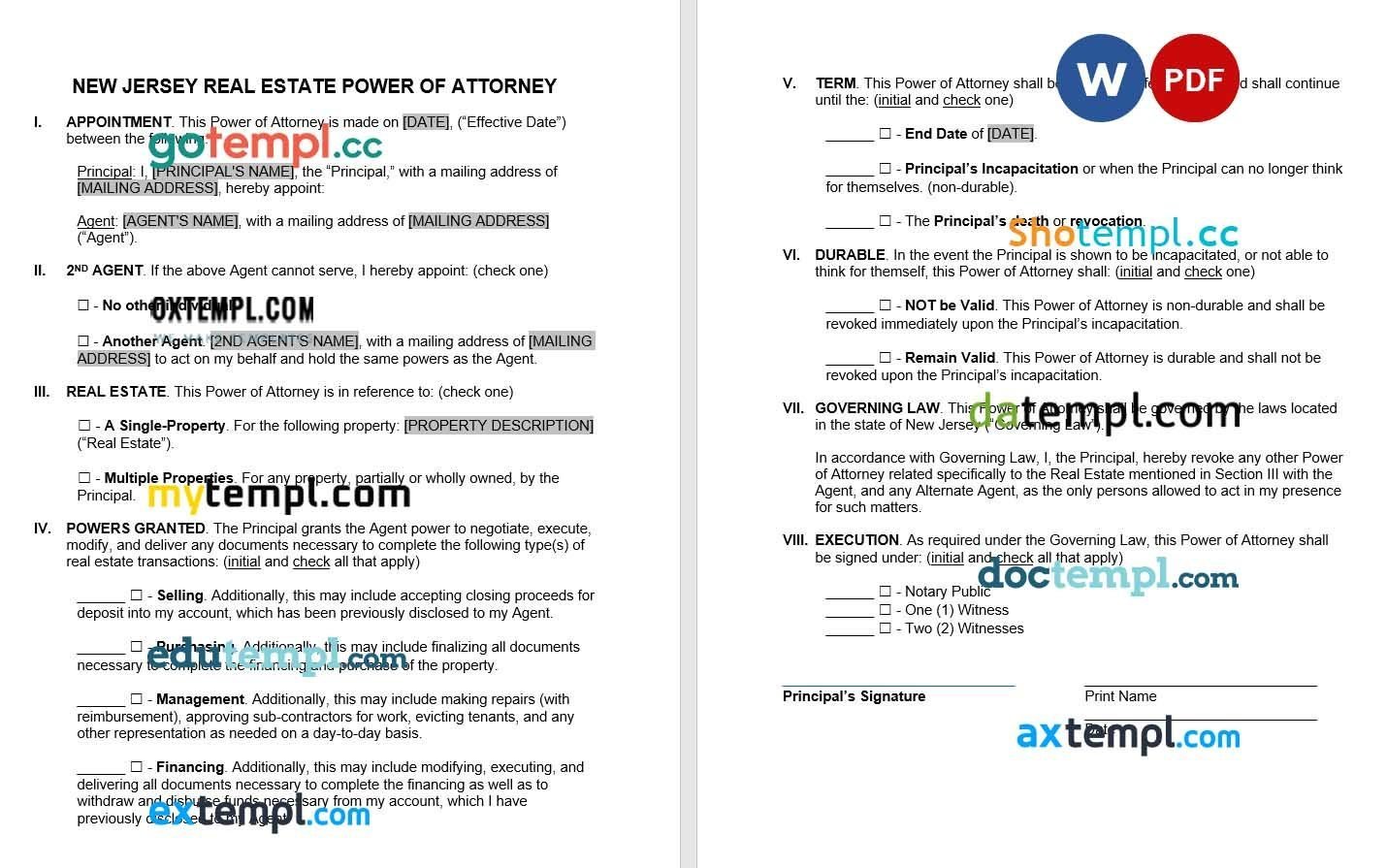 New Jersey Real Estate Power of Attorney Form example, fully editable
