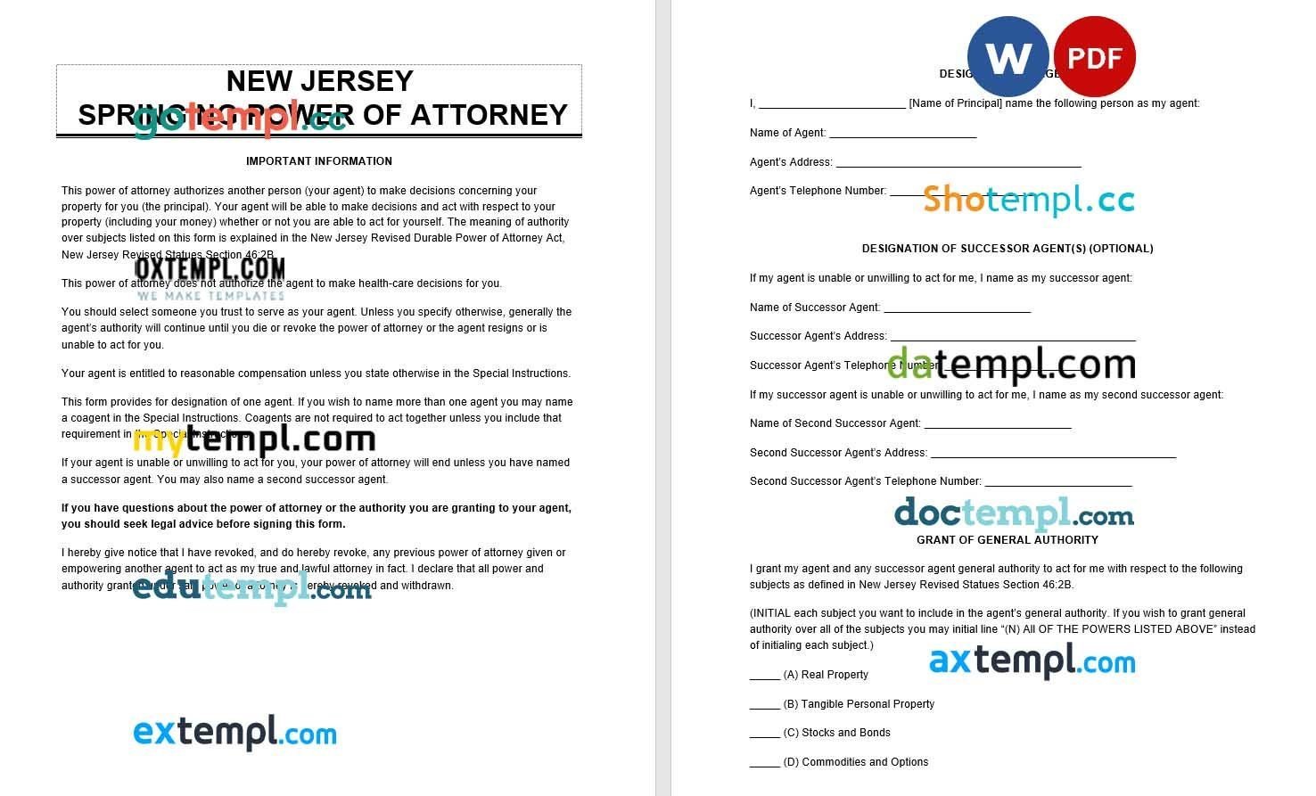 New Jersey Springing Power of Attorney example, fully editable