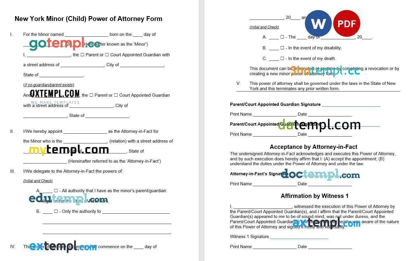 New York Minor Child Parental Power of Attorney example, fully editable
