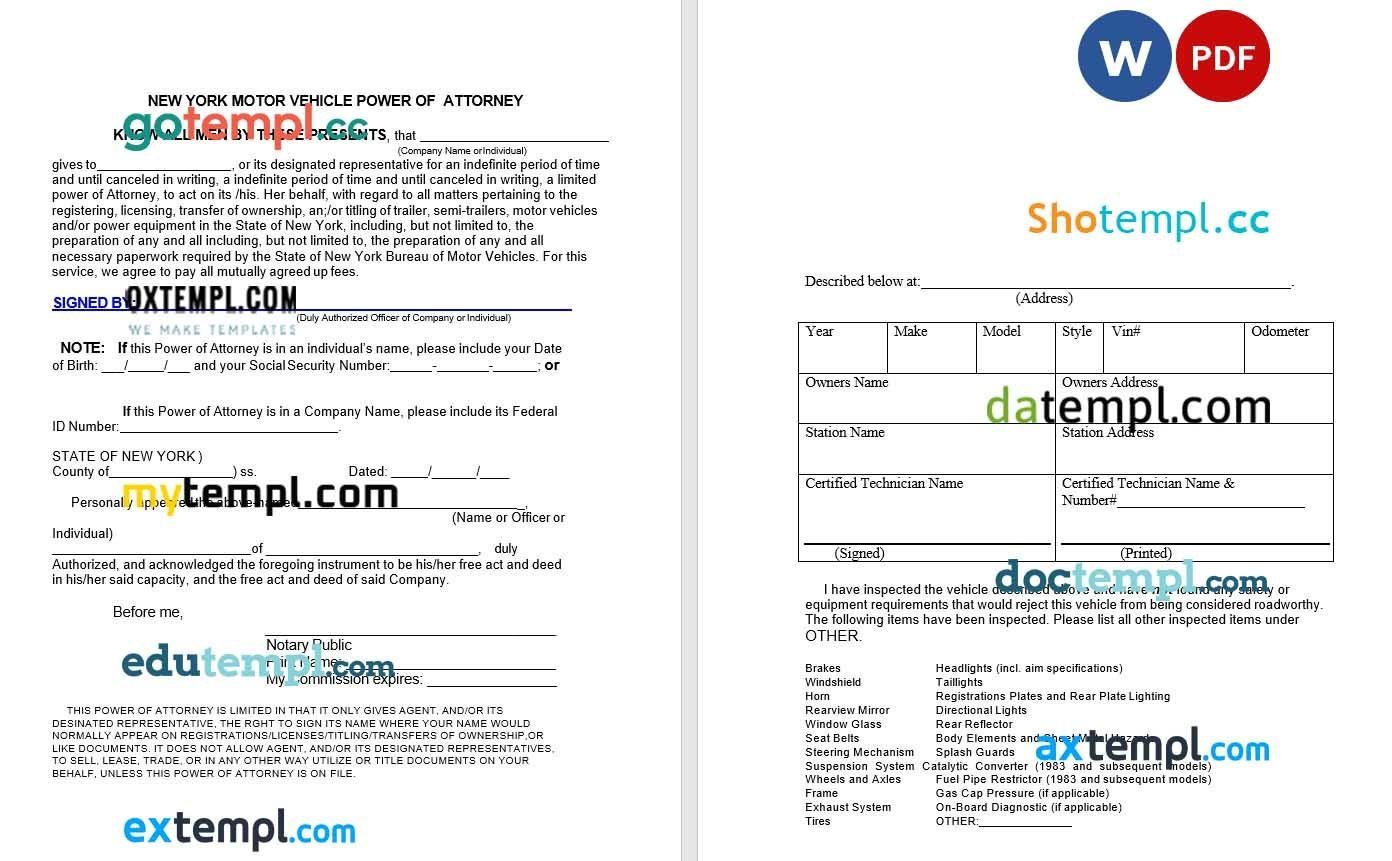 New York Motor Vehicle Power of Attorney Form example, fully editable