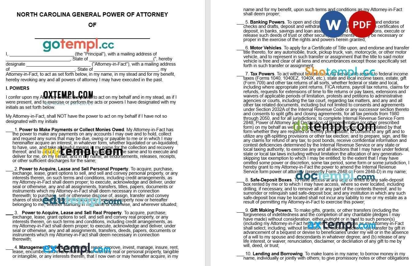 North Carolina General Power of Attorney Form example, fully editable