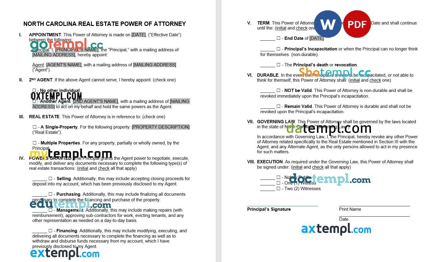 North Carolina Real Estate Power of Attorney Form example, fully editable