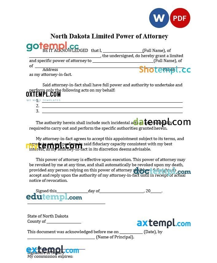 North Dakota Limited Power of Attorney example, fully editable