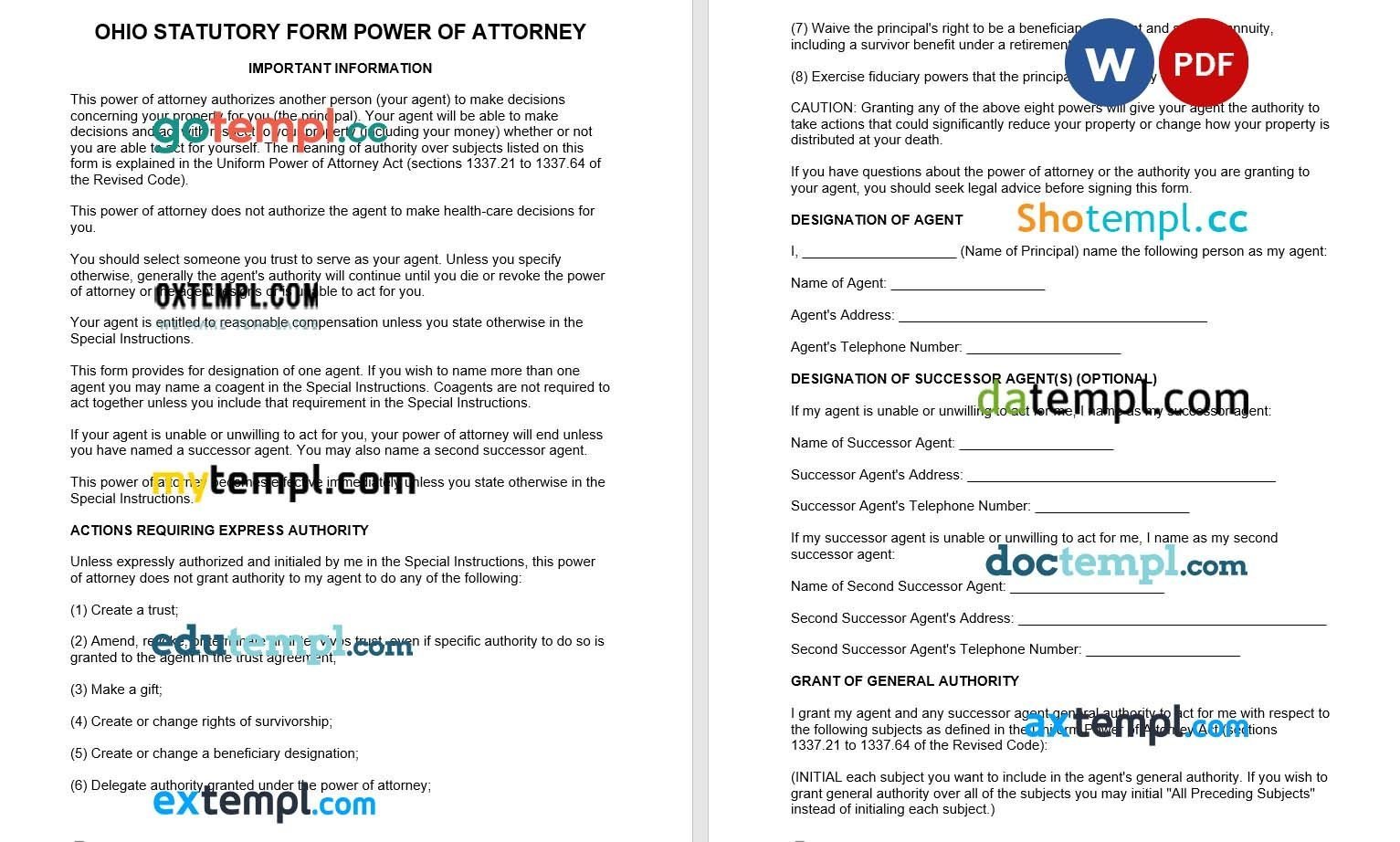 Ohio Statutory Durable Power of Attorney Form example, fully editable