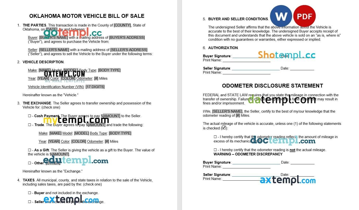 Oklahoma Motor Vehicle Bill of Sale example, fully editable