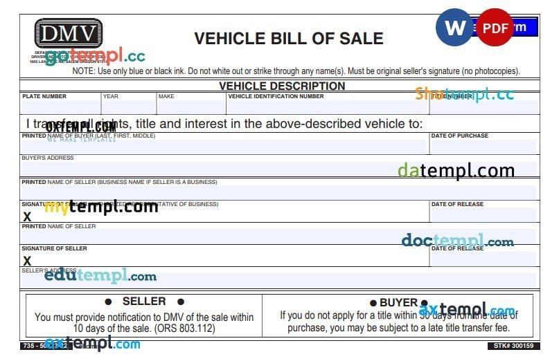 Oregon DMV Bill of Sale Form example, fully editable