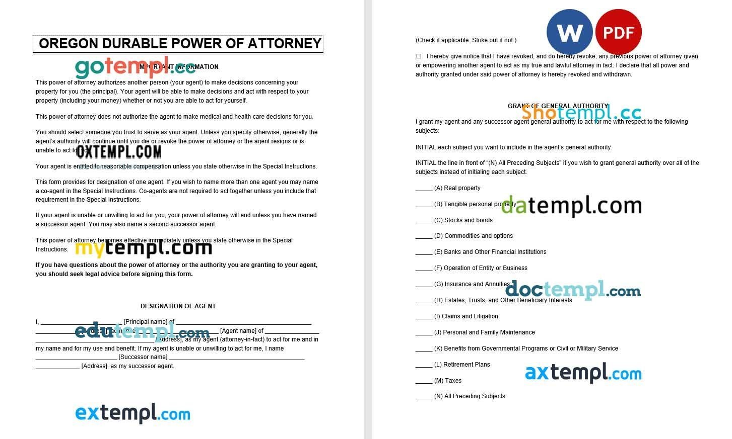 Oregon Durable Power of Attorney example, fully editable