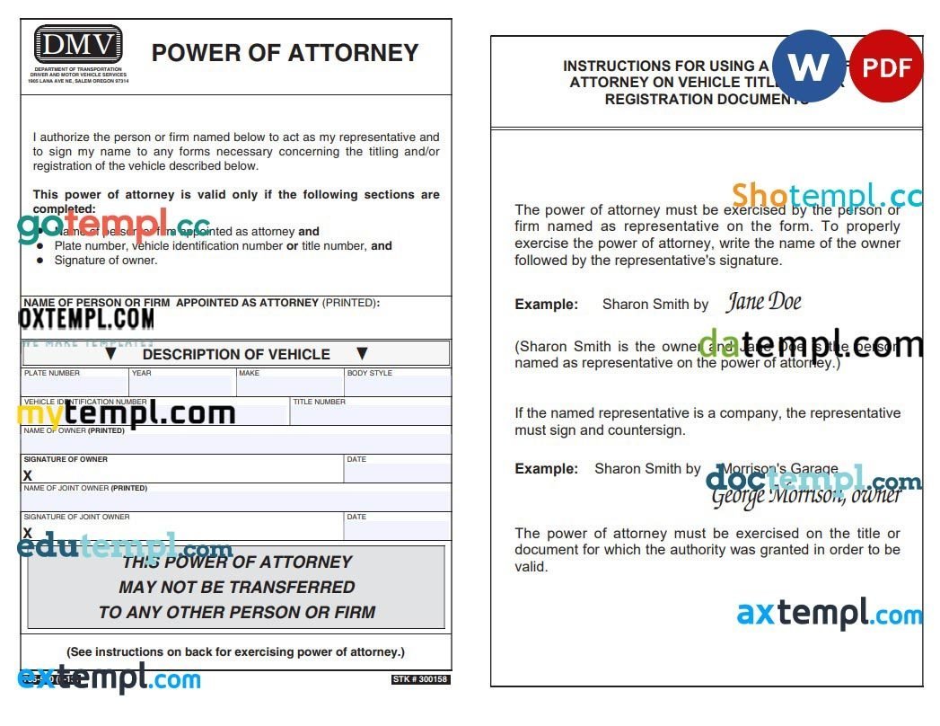 Oregon Motor Vehicle Power of Attorney example, fully editable