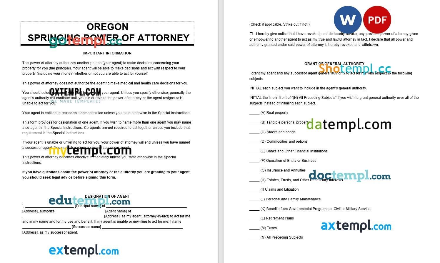 Oregon Springing Power of Attorney example, fully editable