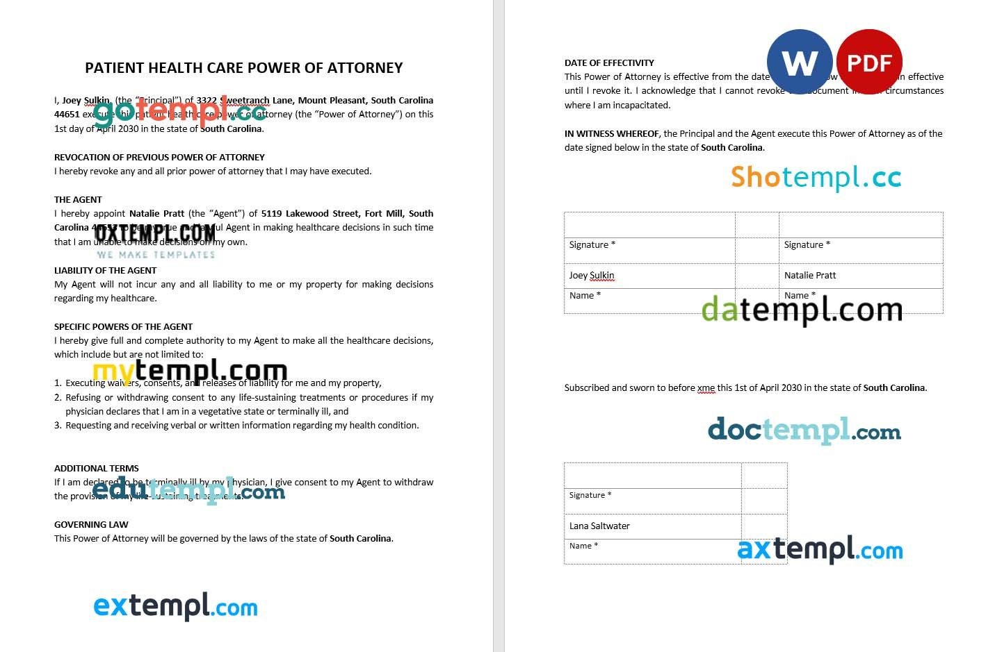 Patient Health Care Power of Attorney example, fully editable