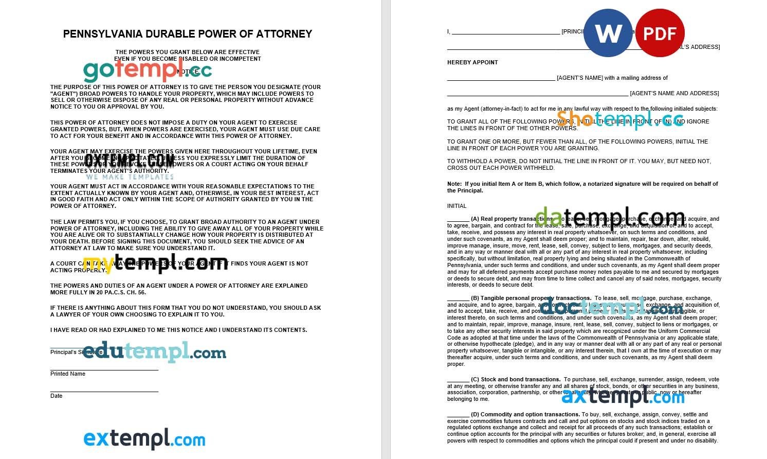 Pennsylvania Durable Financial Power of Attorney Form example, fully editable
