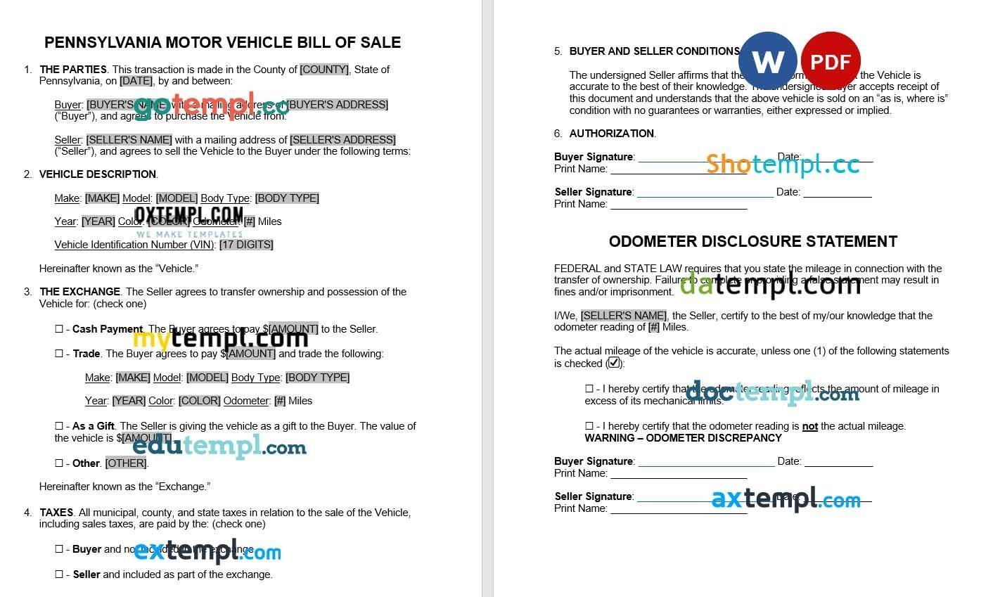 Pennsylvania Motor Vehicle Bill of Sale example, fully editable