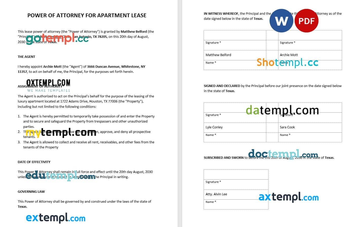 Power of Attorney for Apartment Lease example, fully editable
