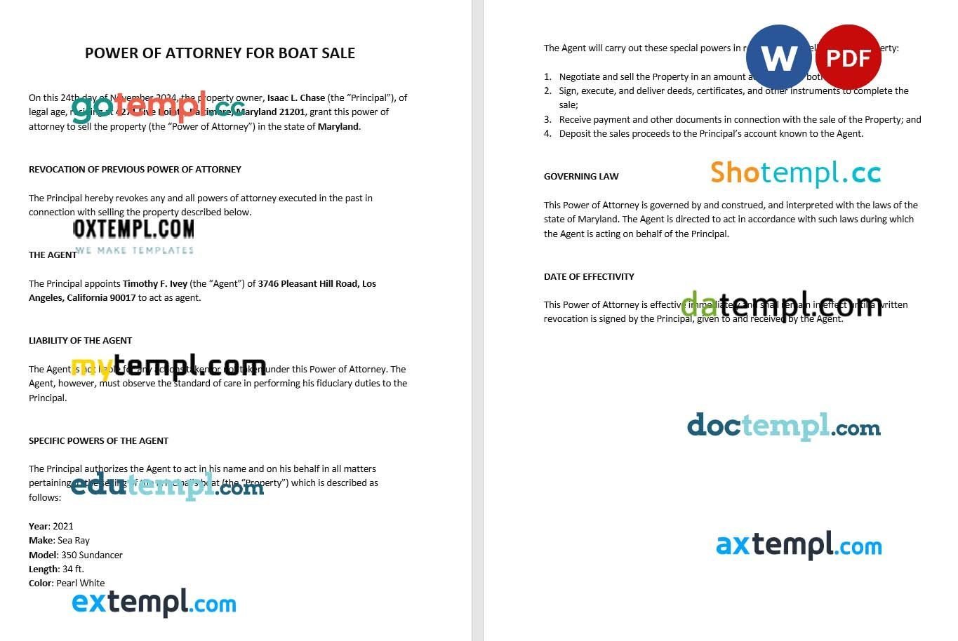 Power of Attorney for Boat Sale example, fully editable