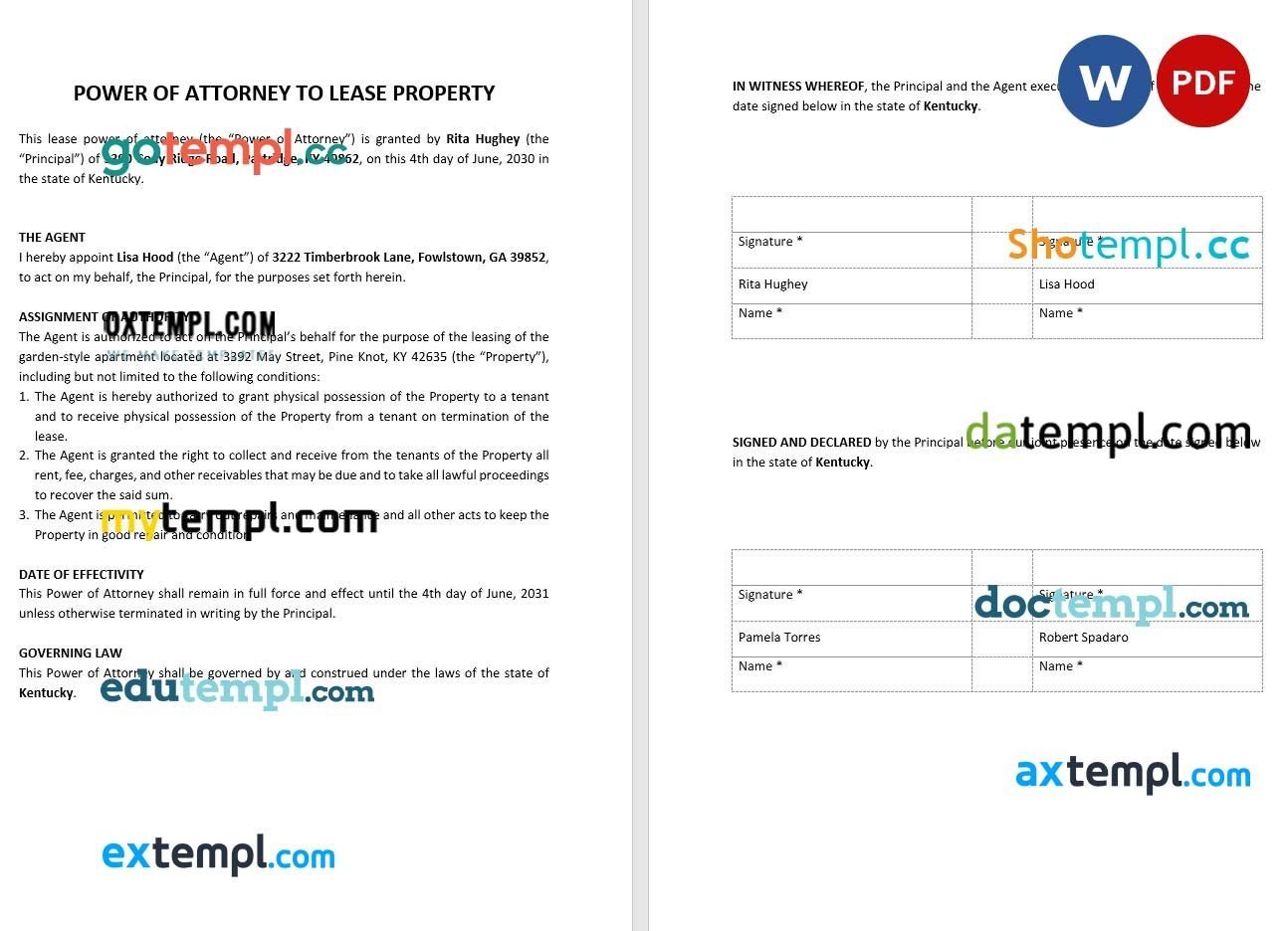 Power of Attorney to Lease Property example, fully editable
