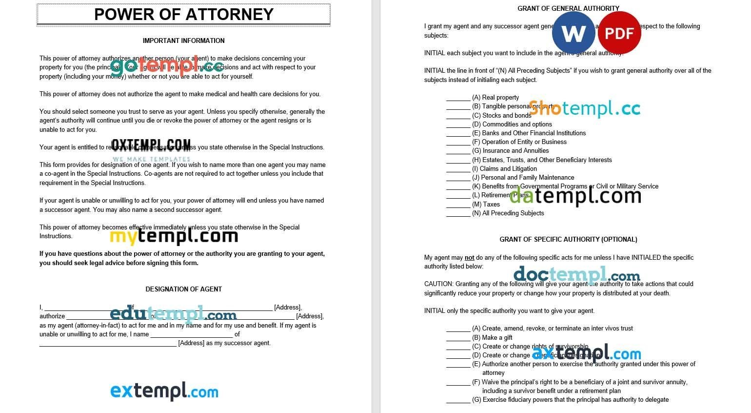 Power of Attorney example, fully editable